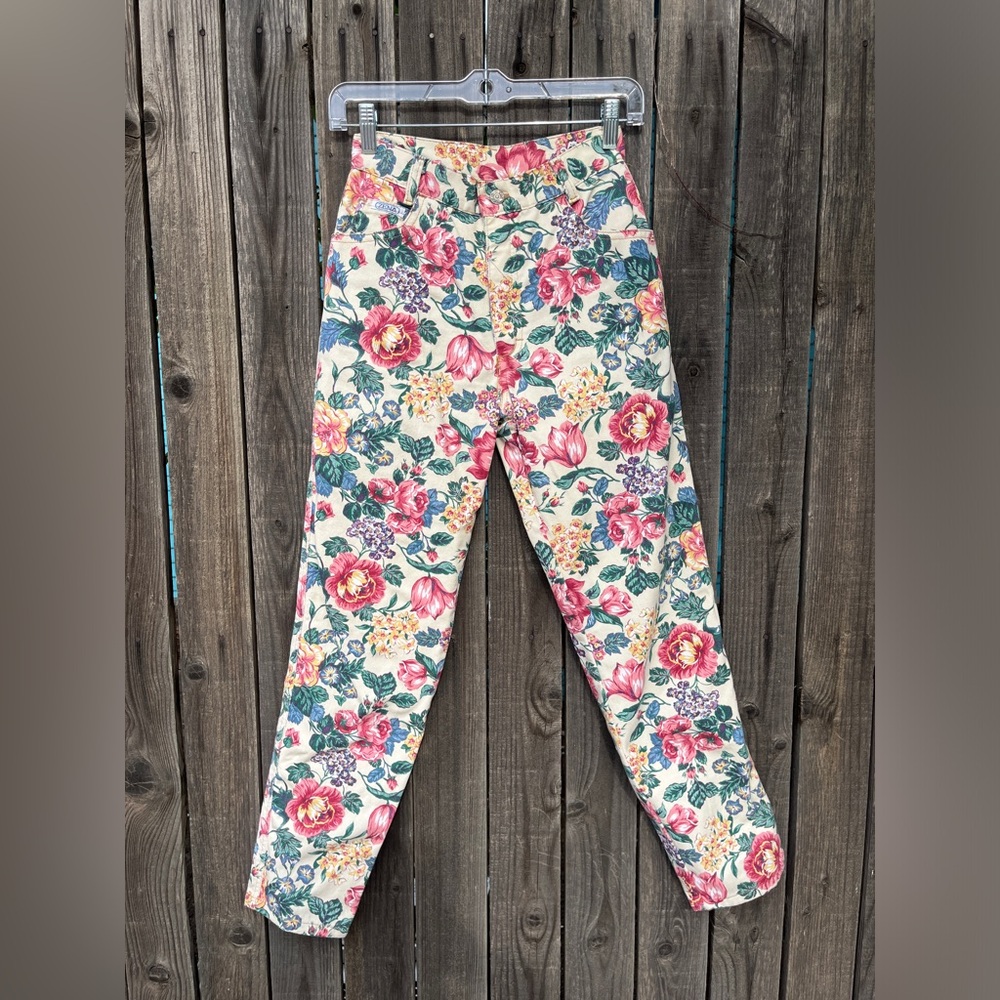 Vibrant Pink and Green Floral High-Waisted Jeans